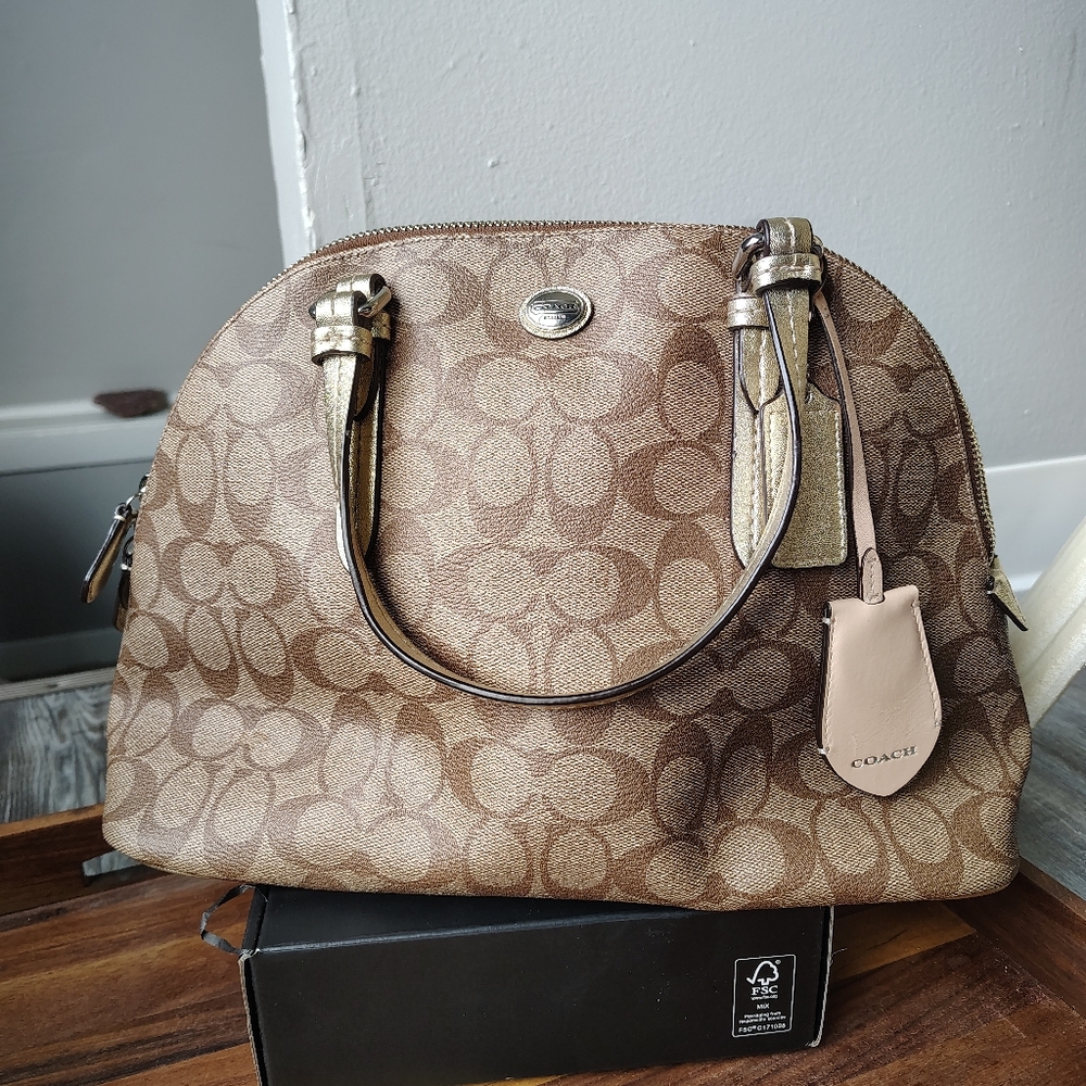 Coach Brown Signature Dome Satchel with Pale Pink Tag
